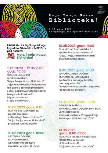 Program XX Ogólnopolskiego Tygodnia Bibliotek w MBP Żary pod hasłem: Moja, Twoja, Masza Biblioteka! 9.05.2023-12.05.2023 godz. 10:00 Oddział dla Dzieci, ul. Wrocławska 11, „Moja, Twoja, Nasza Biblioteka!” Zajęcia edukacyjno-integracyjne dla dzieci z żarskich przedszkoli i szkół podstawowych prowadzą: Małgorzata Pawłowska, Edyta Lachowska, i Lesia Sviatkevych. 10.05.2023 godz. 9:15 Filia Nr 3, ul. Moniuszki 36, zajęcia dla dzieci z Miejskiego Przedszkola nr 7 „Moja, Twoja, Nasza Biblioteka!” prowadzi Joanna Danioł. 10.05.2023 godz. 10:00 Czytelnia Ogólna, ul. Wrocławska 11, warsztaty integracyjne dla dzieci w wieku 12-15 lat. 10.05.2023 godz. 11:00 Filia Nr 1, ul. Grunwaldzka 3, spotkanie z przedszkolakami „Moja, Twoja, Nasza Biblioteka!” prowadzi Iwona Łazar. 11.05.2023 godz. 17:00 Wypożyczalnia Ogólna MBP Żary, ul. Wrocławska 11, spotkanie z Jadwigą Rupietą promujące tomiki: „Podsłuchane na żarskim deptaku”, „Bogatsza niż gwiazdy”. 13.05.2023 godz. 10:00 Galeria Ekslibrisu Wypożyczalnia Ogólna MBP Żary, ul. Wrocławska 11, wernisaż wystawy „Przegląd Pasji Twórczych Bibliotekarzy 2023”. 13.05.2023 godz. 11:00-13:00 Park przy Miejskiej Bibliotece Publicznej w Żarach ul. Wrocławska 11, „Majowe Spotkania Literackie”.